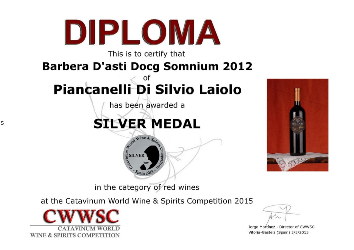 Medaglia d'Argento al Barbera d'Asti DOCG Somnium 2012 nella categoria Vini Rossi