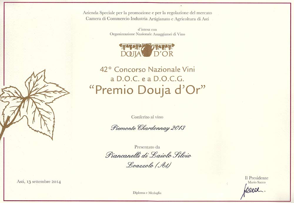 Douja d'Or 2014 Asti - Premio Douja d'Or al Piemonte Chardonnay DOC 2013 Piancanelli premium winery italian white wine Piedmont Italy